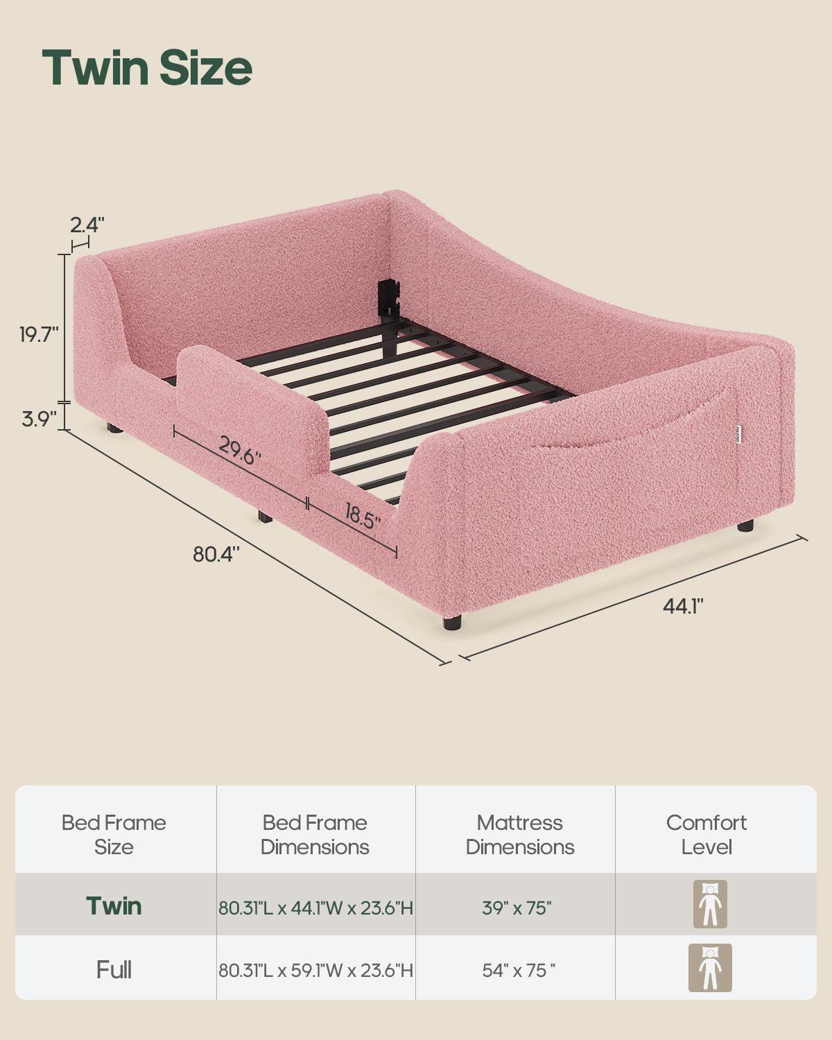 HAUOMS Twin Floor Bed with Slats and High Rails Upholstered  2-in-1 Beds with Teddy Boucle Curve Round Frame for Girls and Boys