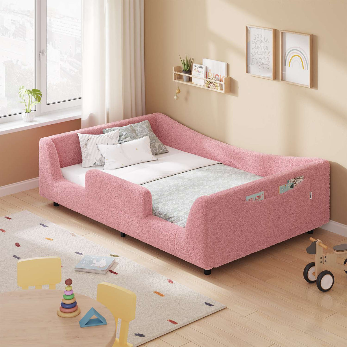 HAUOMS Twin Floor Bed with Slats and High Rails Upholstered  2-in-1 Beds with Teddy Boucle Curve Round Frame for Girls and Boys