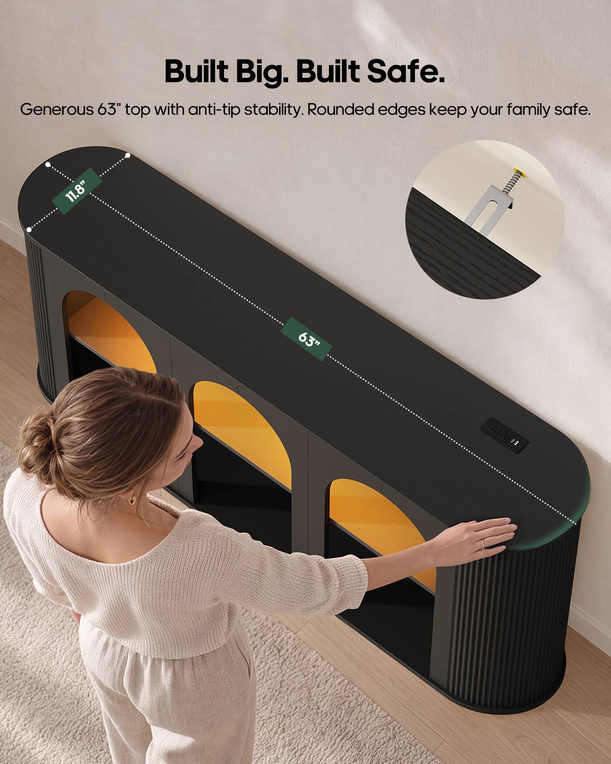 HAUOMS 63 inch Console Table with Outlets and RGB Lights Rounded Edge Fluted Entryway Table with Storage Modern Arched console tables for entryway Hallway Foyer Living Room Behind couch