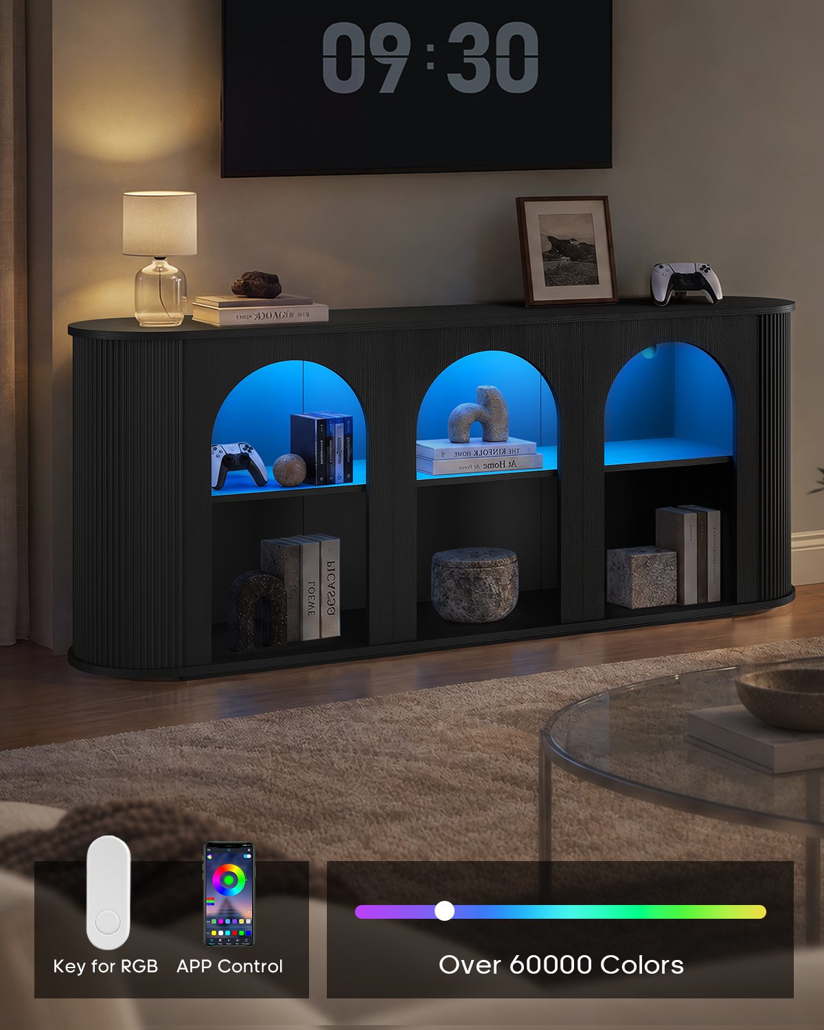 HAUOMS 63 inch Console Table with Outlets and RGB Lights Rounded Edge Fluted Entryway Table with Storage Modern Arched console tables for entryway Hallway Foyer Living Room Behind couch