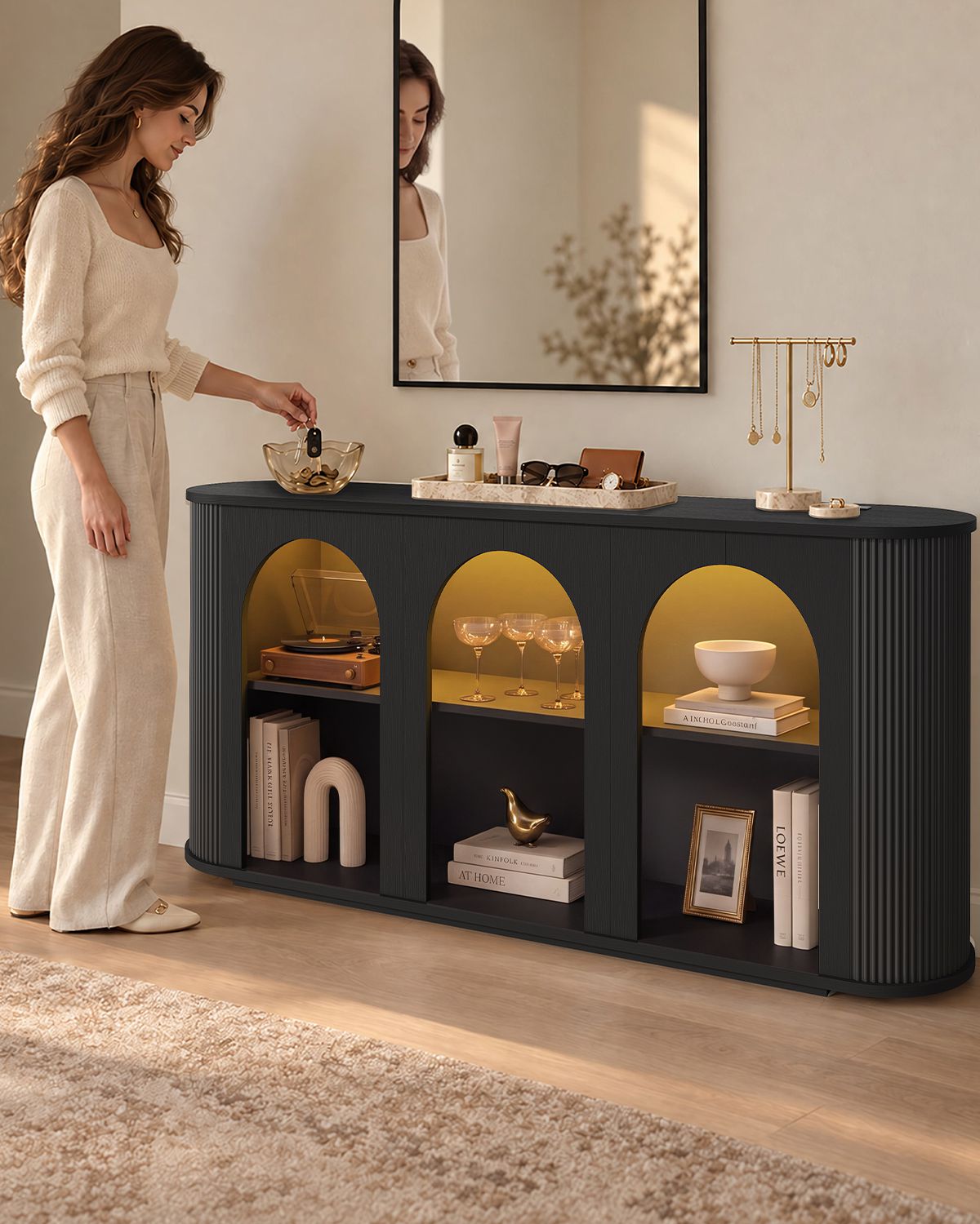 HAUOMS 63 inch Console Table with Outlets and RGB Lights Rounded Edge Fluted Entryway Table with Storage Modern Arched console tables for entryway Hallway Foyer Living Room Behind couch