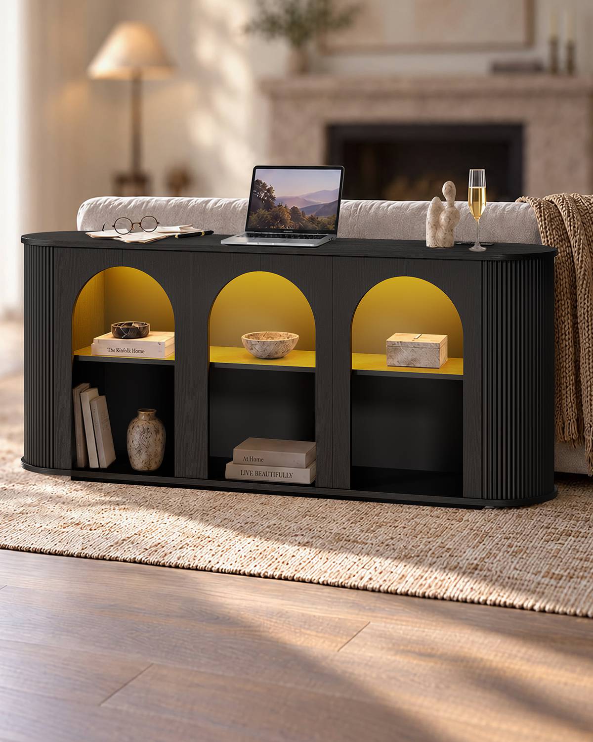 HAUOMS 63 inch Console Table with Outlets and RGB Lights Rounded Edge Fluted Entryway Table with Storage Modern Arched console tables for entryway Hallway Foyer Living Room Behind couch