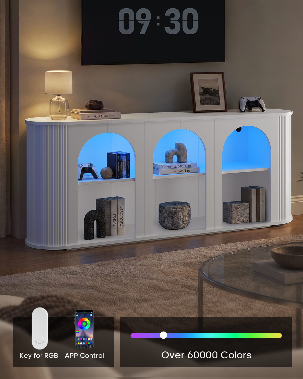 HAUOMS 63 inch Console Table with Outlets and RGB Lights Rounded Edge Fluted Entryway Table with Storage Modern Arched console tables for entryway Hallway Foyer Living Room Behind couch