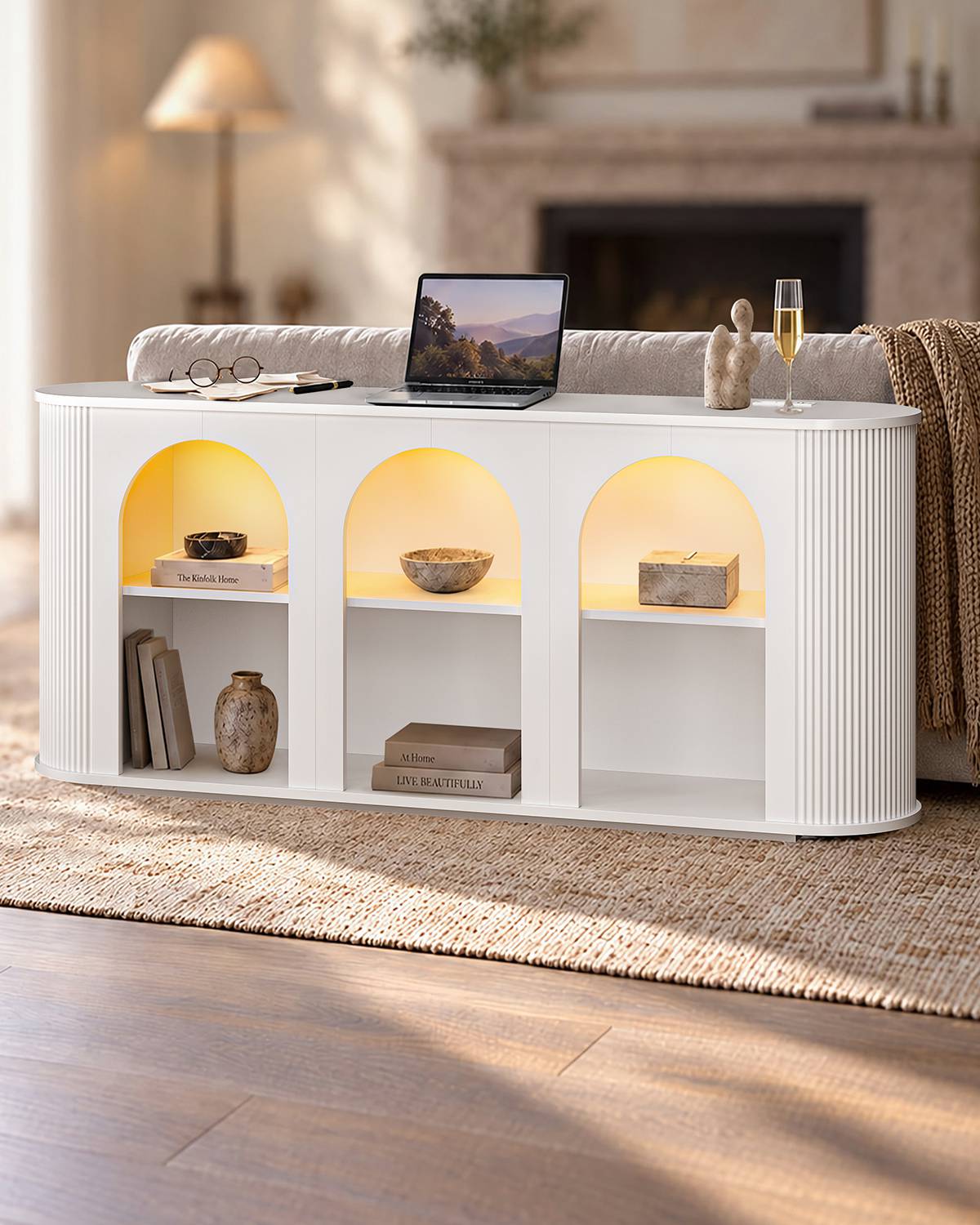 HAUOMS 63 inch Console Table with Outlets and RGB Lights Rounded Edge Fluted Entryway Table with Storage Modern Arched console tables for entryway Hallway Foyer Living Room Behind couch