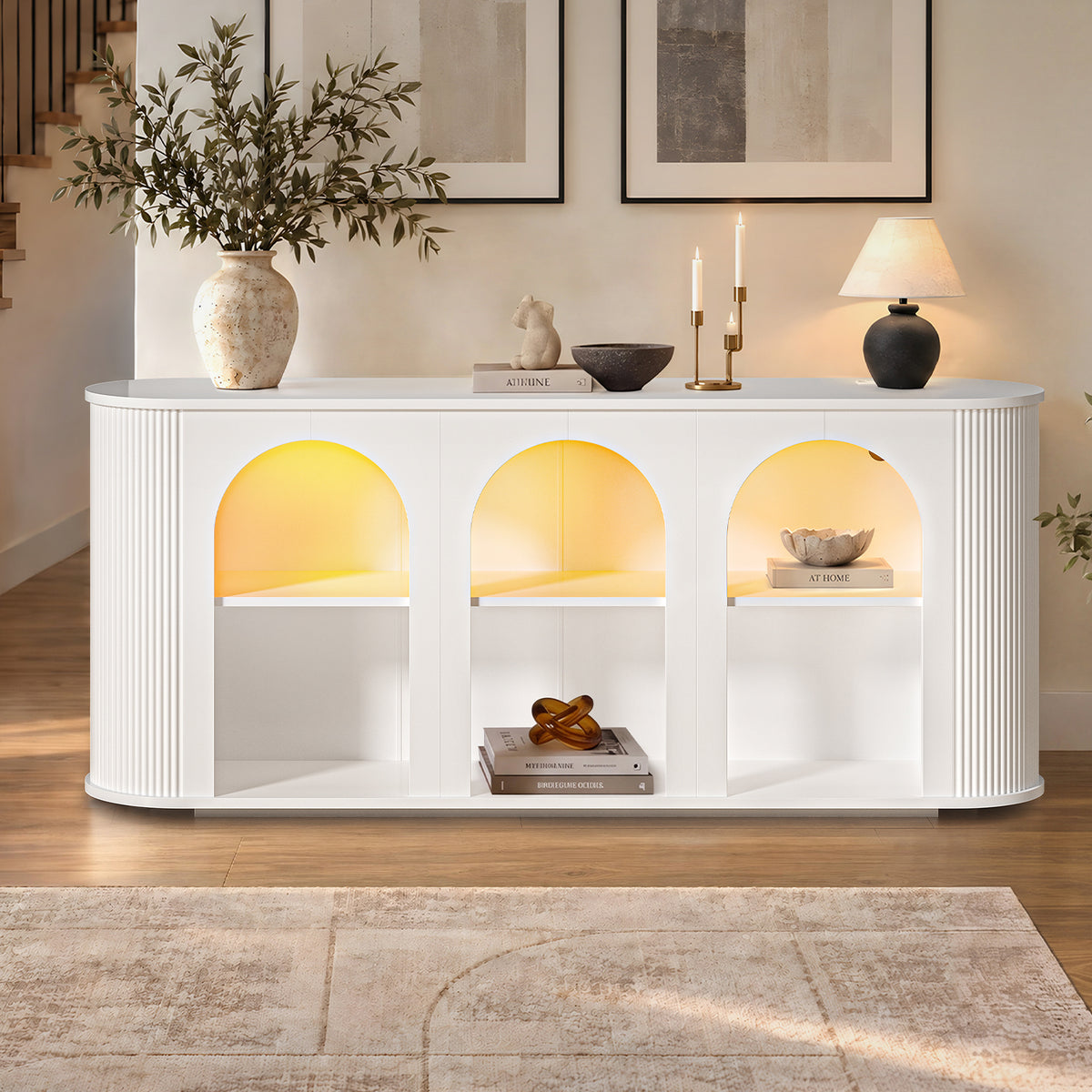 HAUOMS 63 inch Console Table with Outlets and RGB Lights Rounded Edge Fluted Entryway Table with Storage Modern Arched console tables for entryway Hallway Foyer Living Room Behind couch