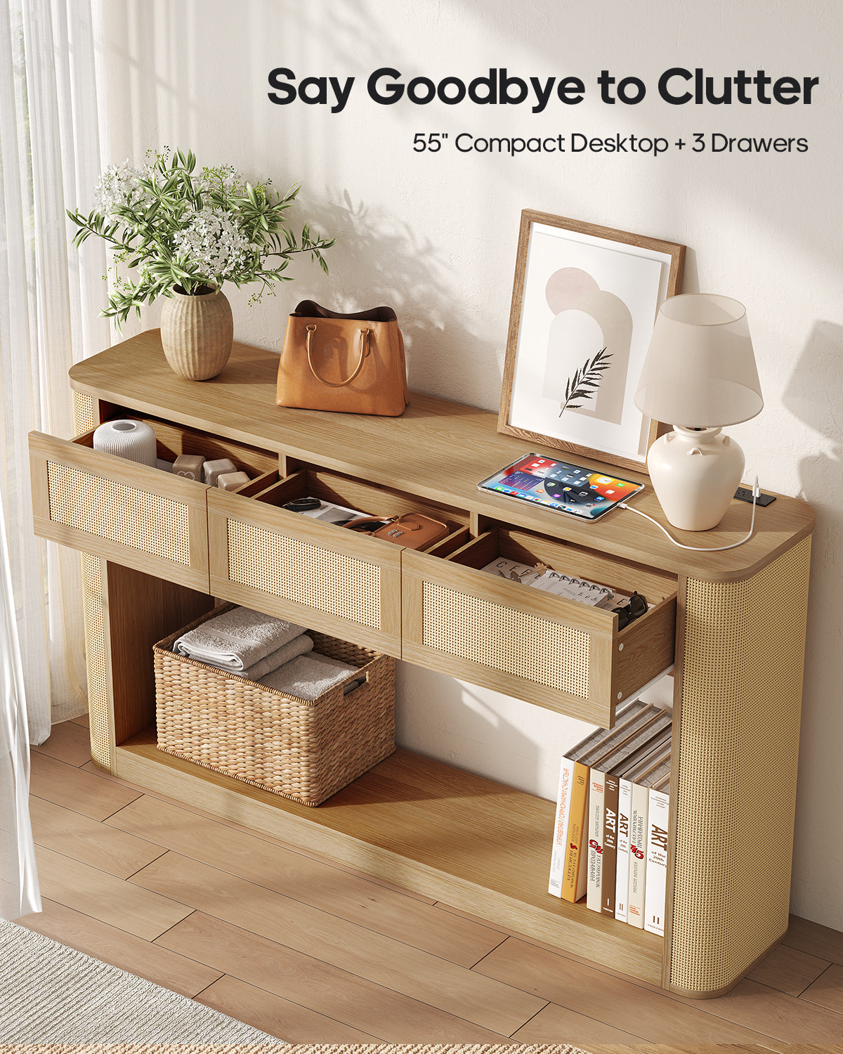 HAUOMS 55.1 inch Console Table with 3 Drawers and RGB Lights Rattan Boho Wood Table with Charging Station and Rounded Corners for Entryway Hallway Foyer Behind Couch