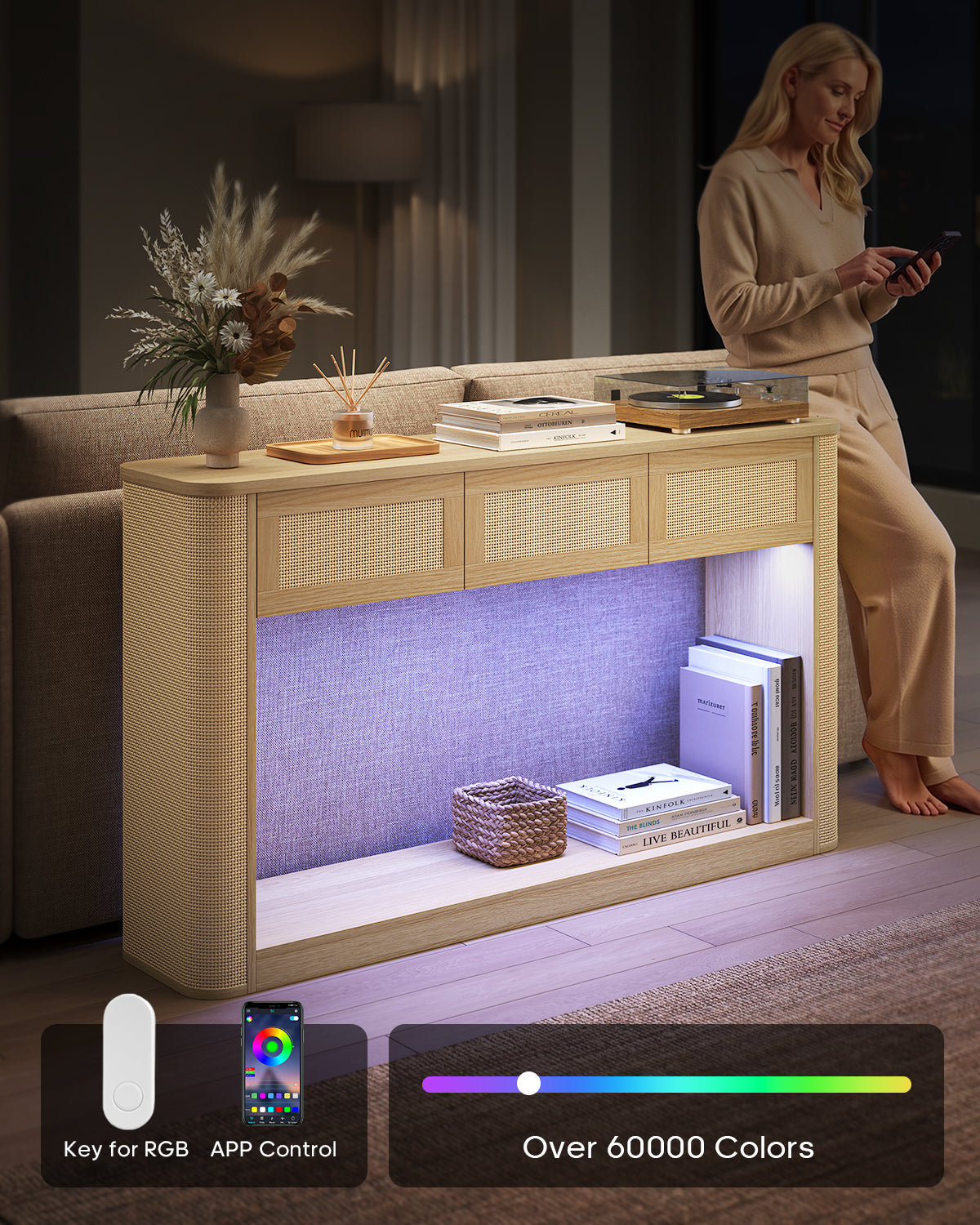 HAUOMS 55.1 inch Console Table with 3 Drawers and RGB Lights Rattan Boho Wood Table with Charging Station and Rounded Corners for Entryway Hallway Foyer Behind Couch