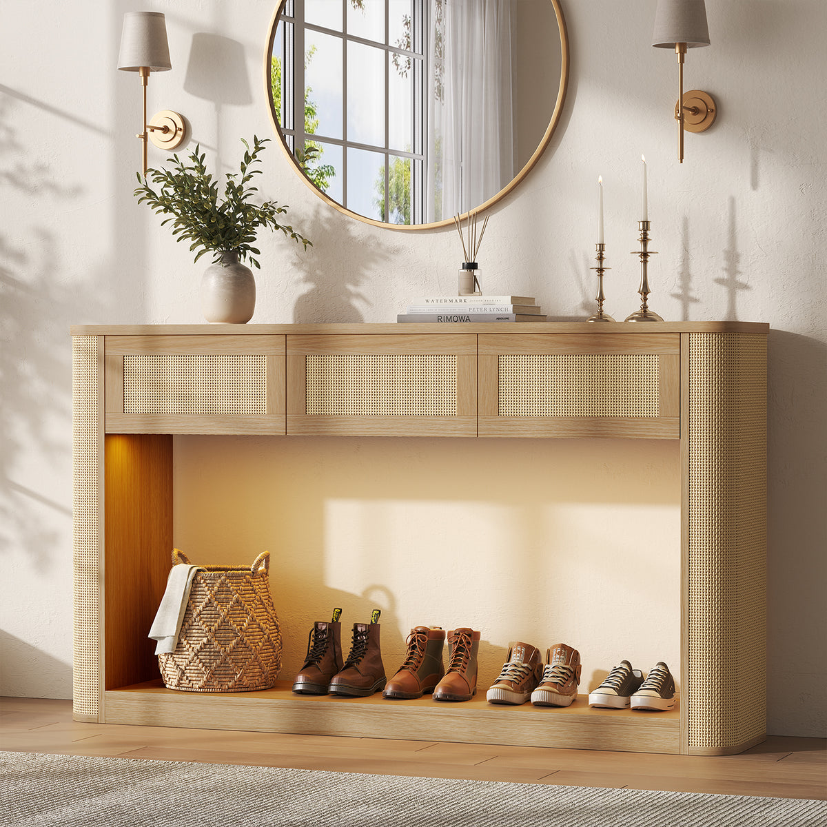 HAUOMS 55.1 inch Console Table with 3 Drawers and RGB Lights Rattan Boho Wood Table with Charging Station and Rounded Corners for Entryway Hallway Foyer Behind Couch