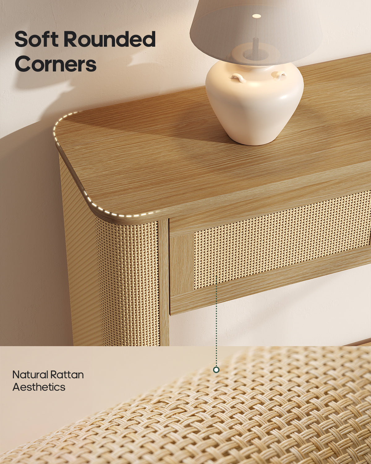 HAUOMS 55.1 inch Console Table with 3 Drawers and RGB Lights Rattan Boho Wood Table with Charging Station and Rounded Corners for Entryway Hallway Foyer Behind Couch