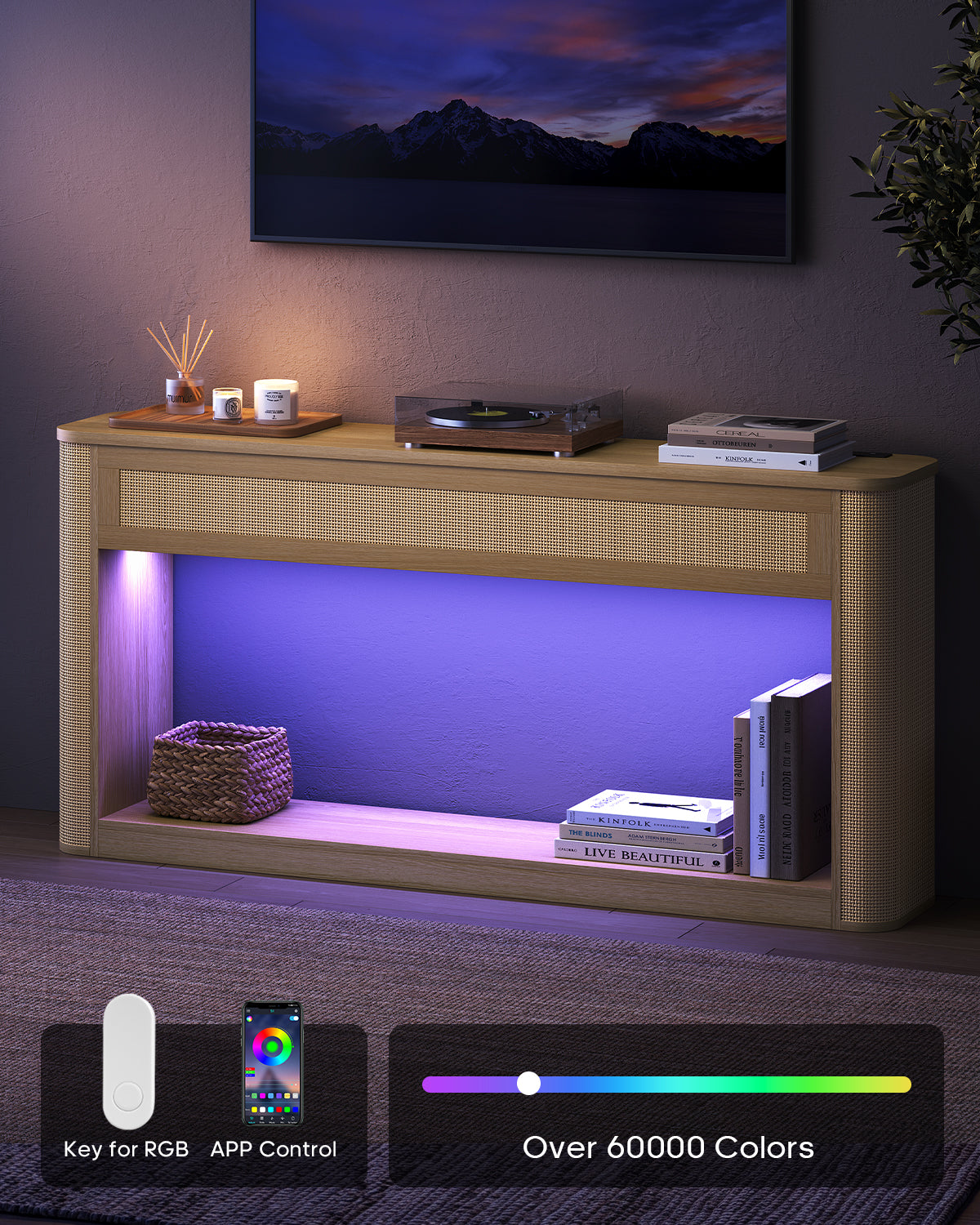 HAUOMS 63 inch Console Table with RGB Lights and Charging Station Rattan Boho Table with Rounded Corners and 2-Tier Storage for Entryway Hallway Foyer Living Room