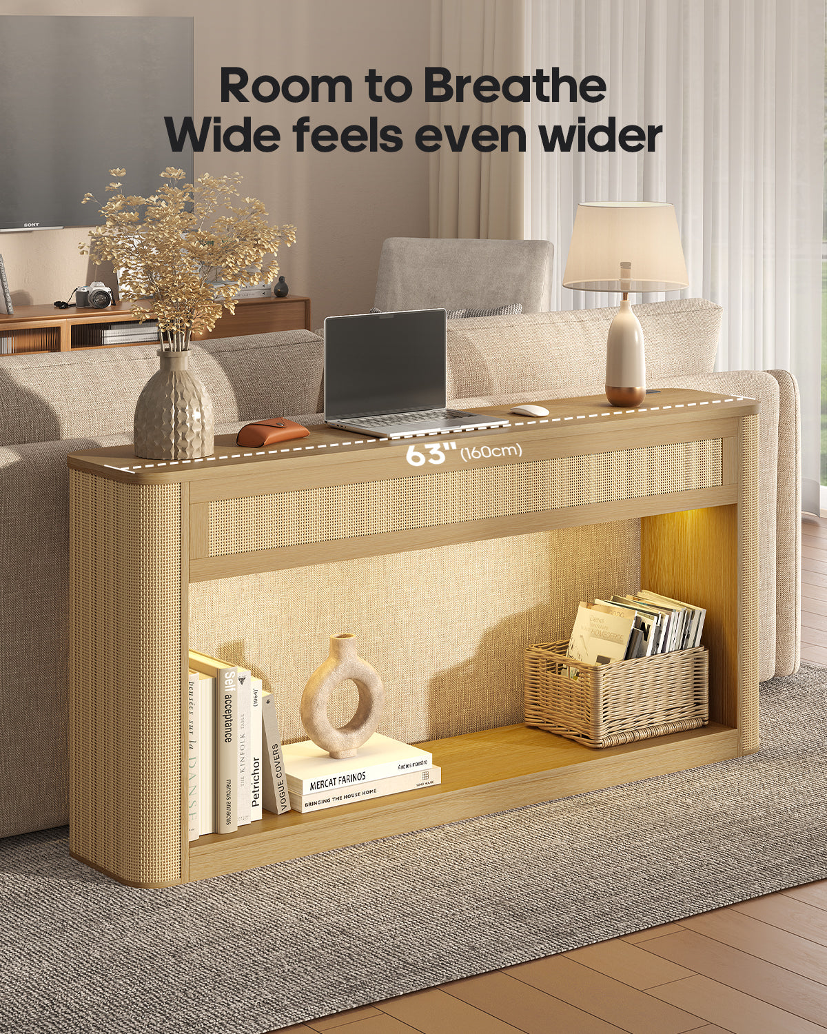 HAUOMS 63 inch Console Table with RGB Lights and Charging Station Rattan Boho Table with Rounded Corners and 2-Tier Storage for Entryway Hallway Foyer Living Room