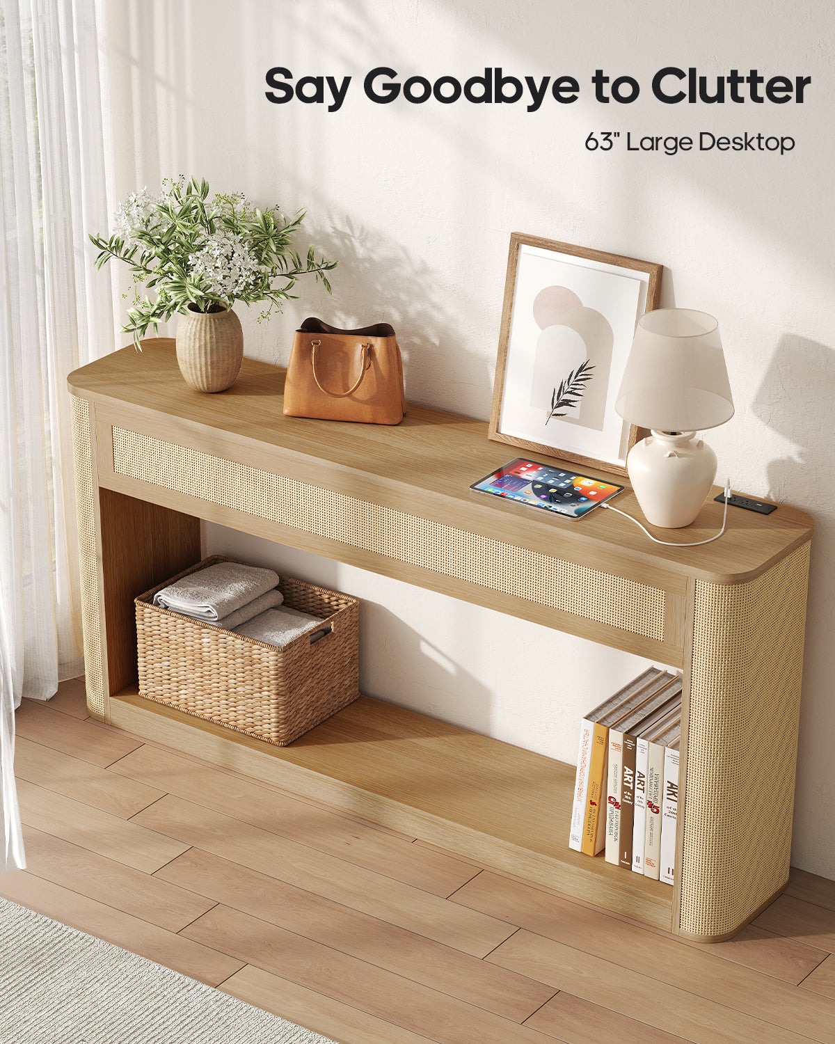 HAUOMS 63 inch Console Table with RGB Lights and Charging Station Rattan Boho Table with Rounded Corners and 2-Tier Storage for Entryway Hallway Foyer Living Room