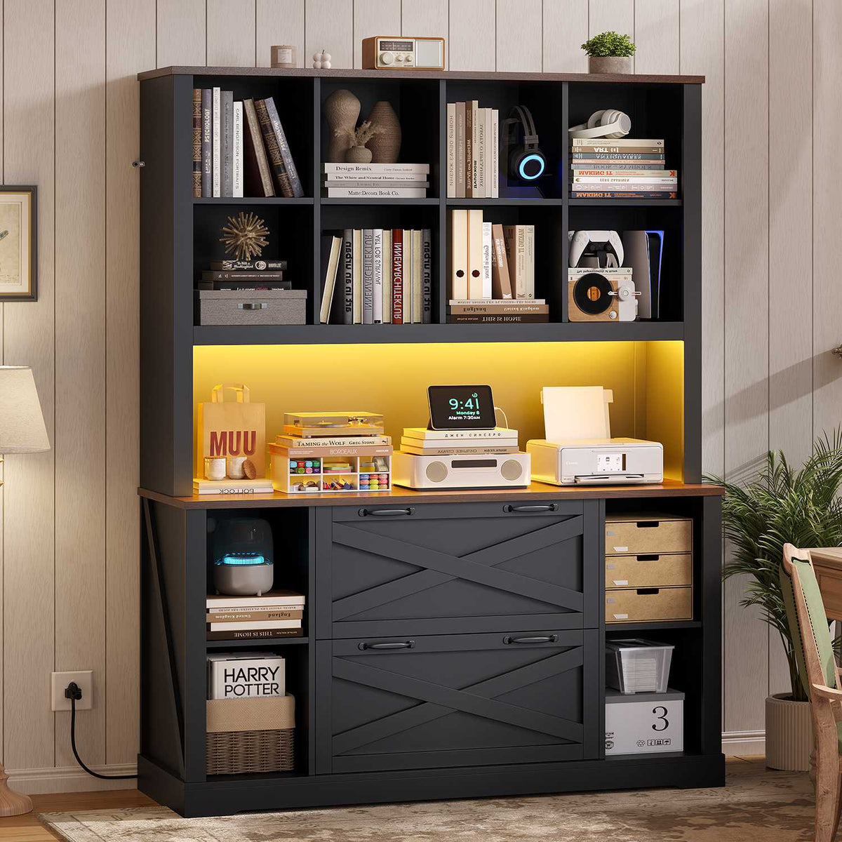 HAUOMS 73 inch Tall Bookshelf with LED Light and Power Outlet Farmhouse Bookcase with Filing Drawers and Open Storage Shelf Display Cabinet for Home Office Living Room