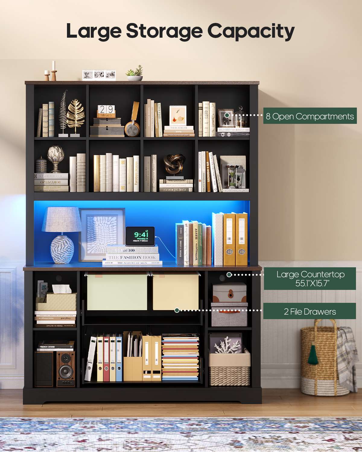 HAUOMS 73 inch Tall Bookshelf with LED Light and Power Outlet Farmhouse Bookcase with Filing Drawers and Open Storage Shelf Display Cabinet for Home Office Living Room