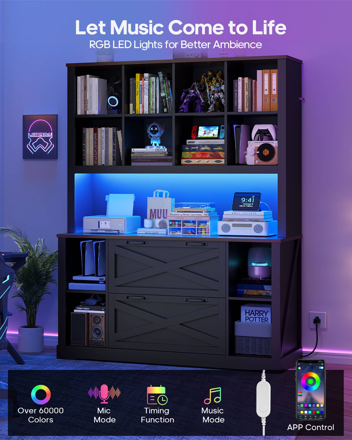 HAUOMS 73 inch Tall Bookshelf with LED Light and Power Outlet Farmhouse Bookcase with Filing Drawers and Open Storage Shelf Display Cabinet for Home Office Living Room