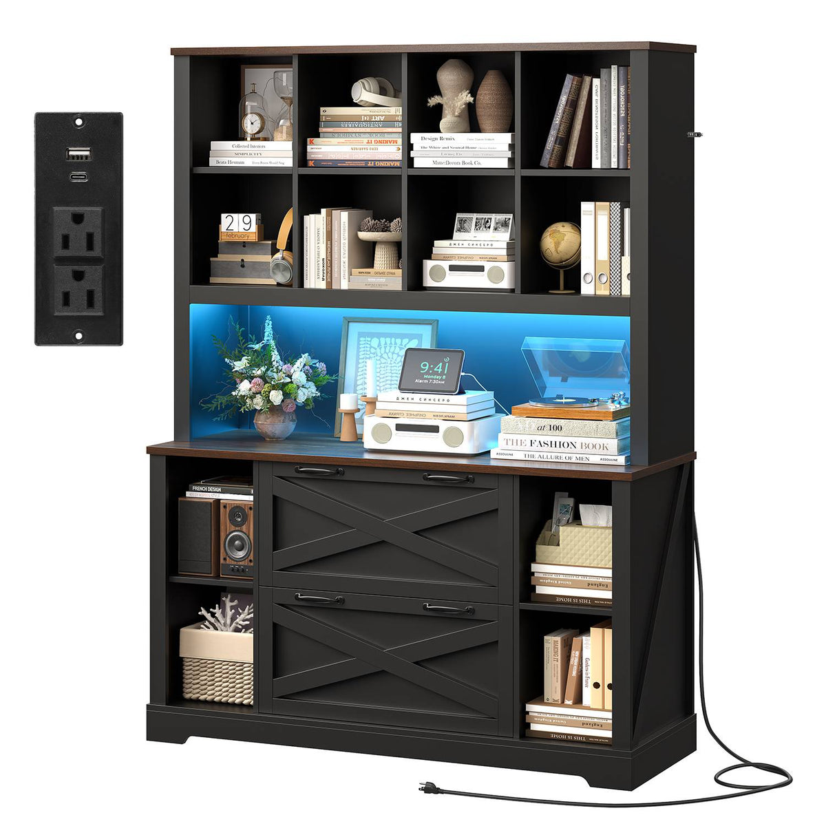 HAUOMS 73 inch Tall Bookshelf with LED Light and Power Outlet Farmhouse Bookcase with Filing Drawers and Open Storage Shelf Display Cabinet for Home Office Living Room
