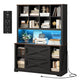 HAUOMS 73 inch Tall Bookshelf with LED Light and Power Outlet Farmhouse Bookcase with Filing Drawers and Open Storage Shelf Display Cabinet for Home Office Living Room