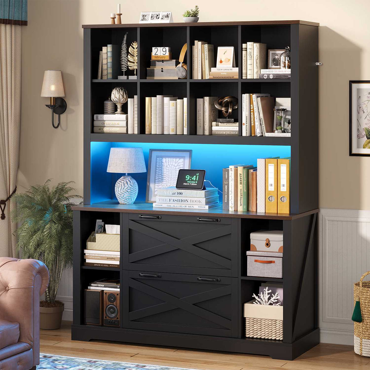 HAUOMS 73 inch Tall Bookshelf with LED Light and Power Outlet Farmhouse Bookcase with Filing Drawers and Open Storage Shelf Display Cabinet for Home Office Living Room