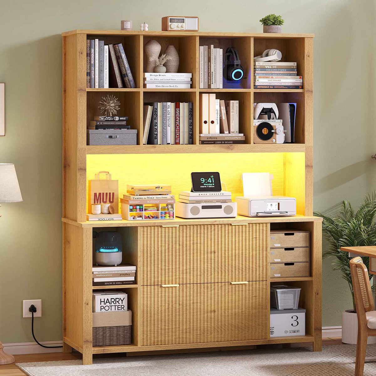 HAUOMS 73 inch Tall Bookshelf with LED Light and Power Outlet Mid-Century Bookcase with Filing Drawers and Open Storage Shelf Display Cabinet for Home Office Living Room