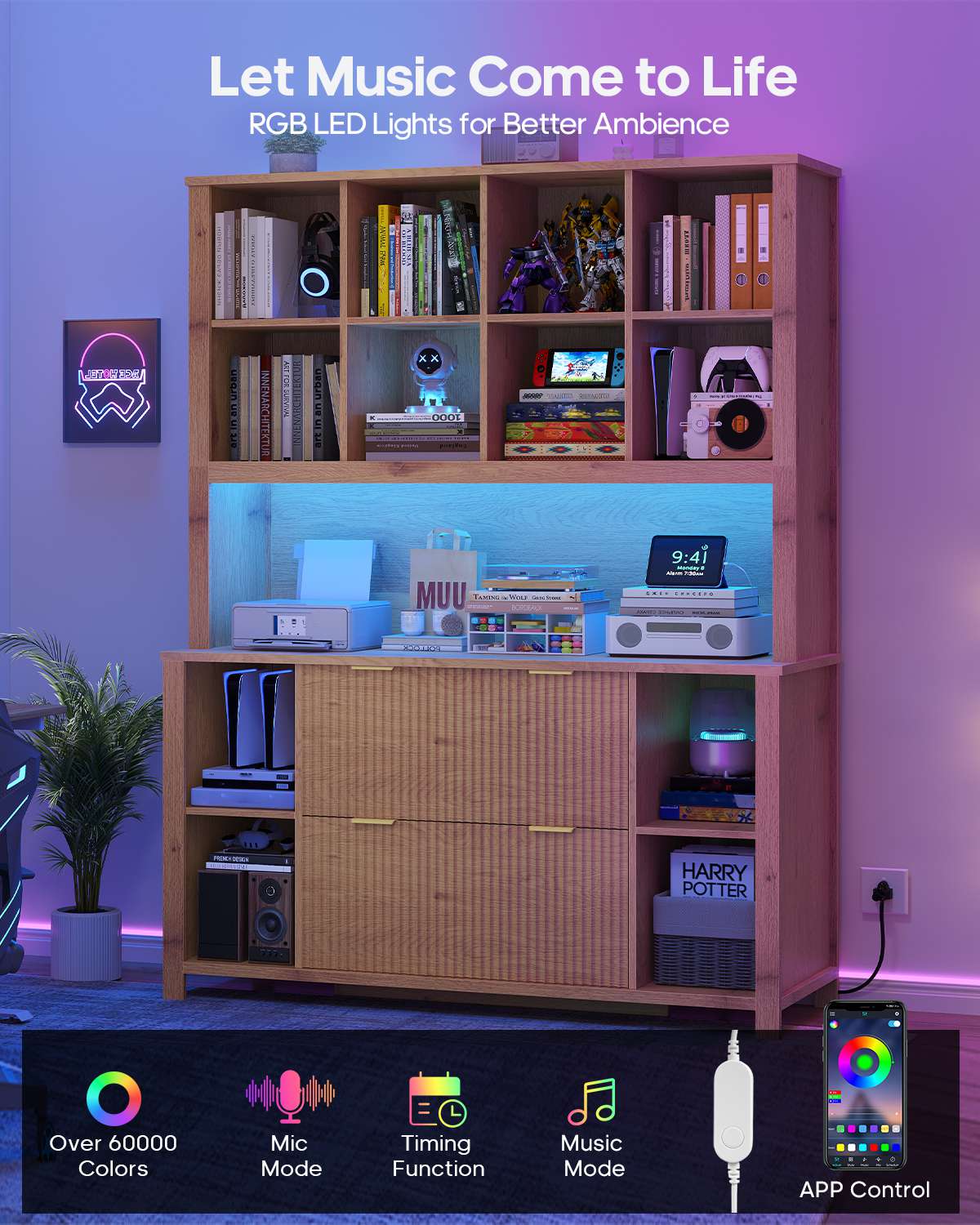 HAUOMS 73 inch Tall Bookshelf with LED Light and Power Outlet Mid-Century Bookcase with Filing Drawers and Open Storage Shelf Display Cabinet for Home Office Living Room