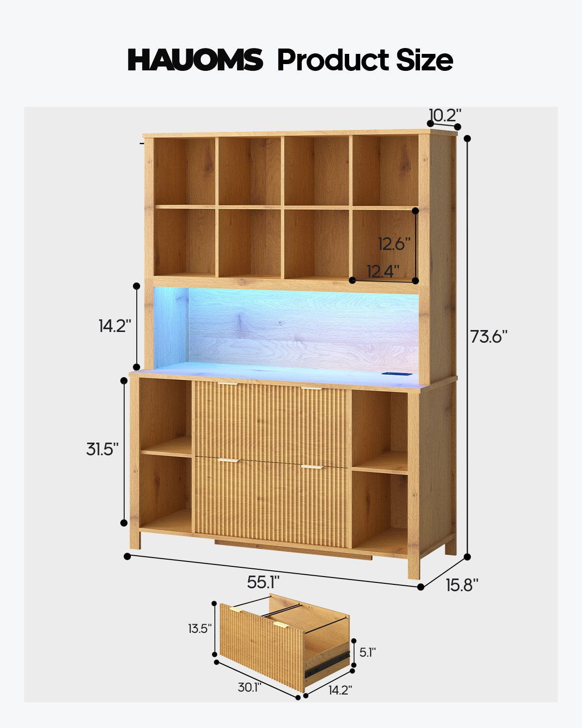 HAUOMS 73 inch Tall Bookshelf with LED Light and Power Outlet Mid-Century Bookcase with Filing Drawers and Open Storage Shelf Display Cabinet for Home Office Living Room