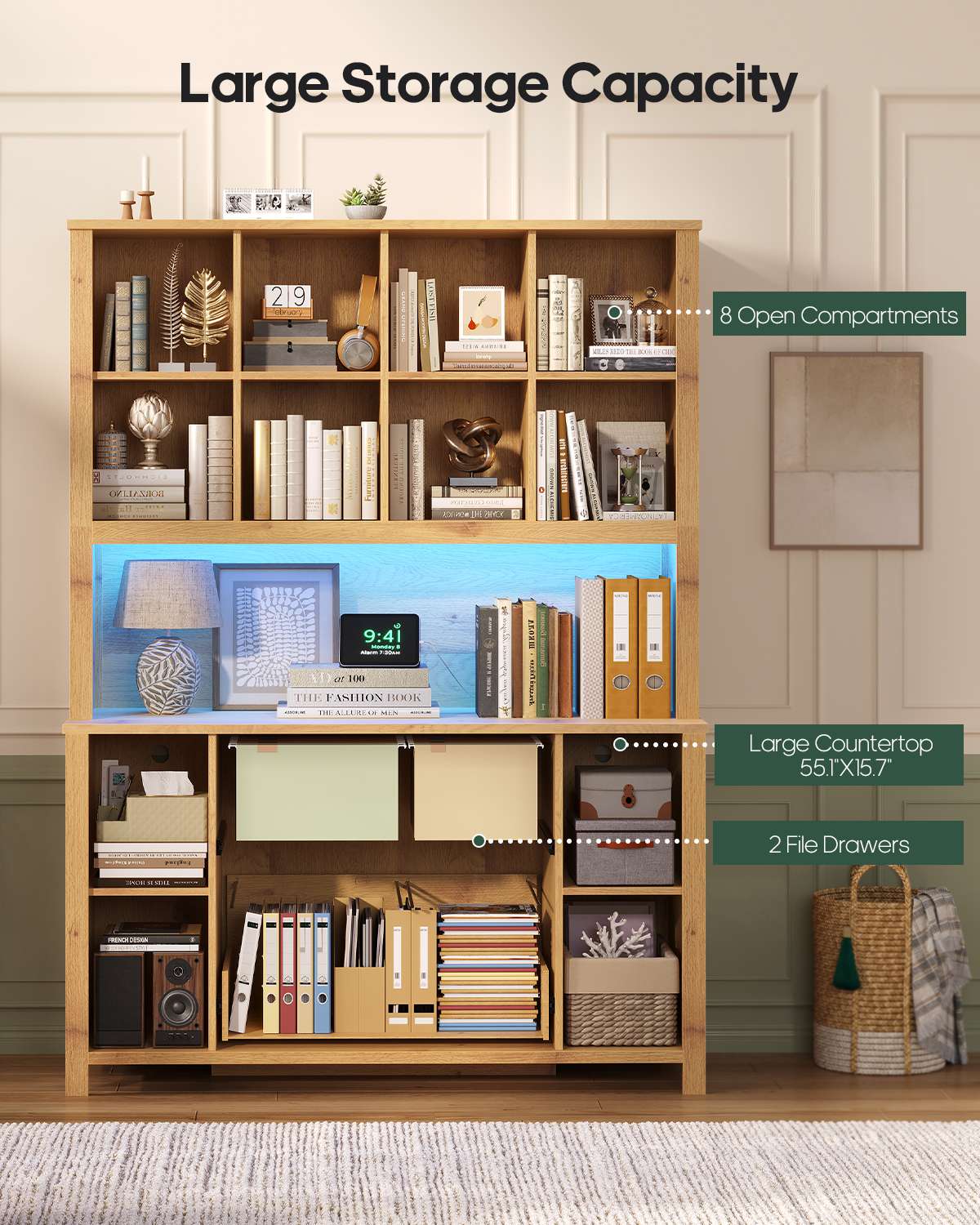 HAUOMS 73 inch Tall Bookshelf with LED Light and Power Outlet Mid-Century Bookcase with Filing Drawers and Open Storage Shelf Display Cabinet for Home Office Living Room