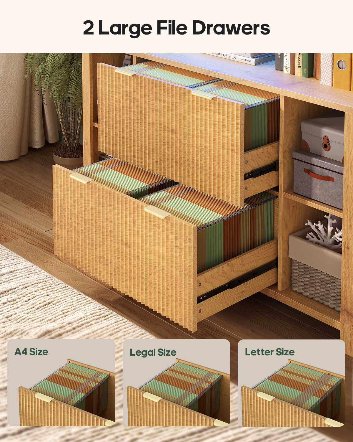 HAUOMS 73 inch Tall Bookshelf with LED Light and Power Outlet Mid-Century Bookcase with Filing Drawers and Open Storage Shelf Display Cabinet for Home Office Living Room