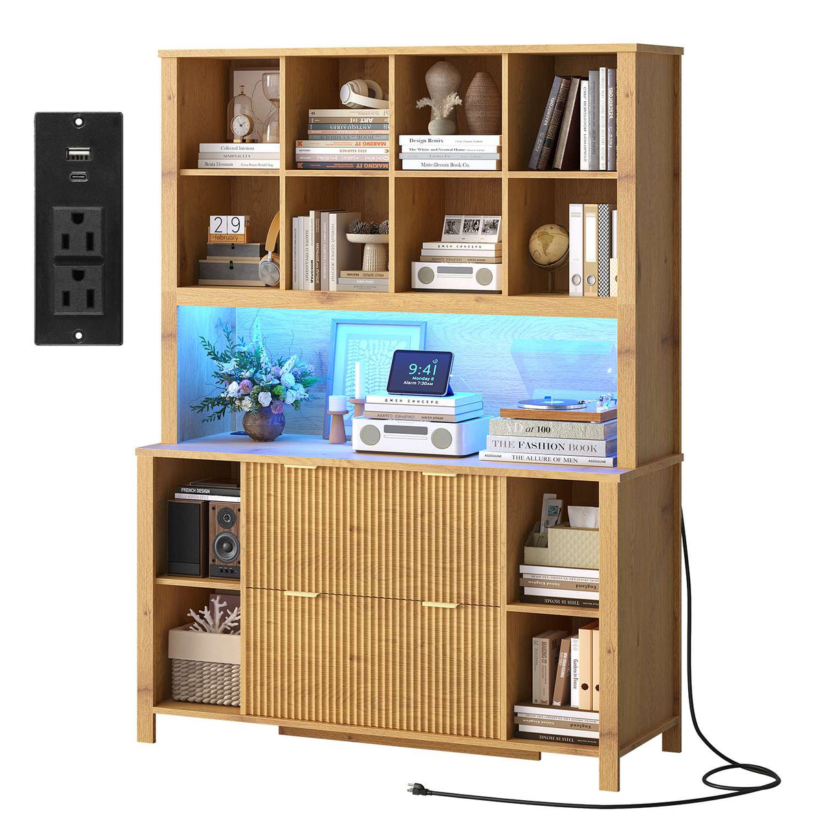 HAUOMS 73 inch Tall Bookshelf with LED Light and Power Outlet Mid-Century Bookcase with Filing Drawers and Open Storage Shelf Display Cabinet for Home Office Living Room
