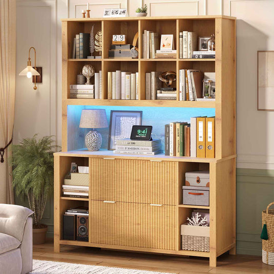 HAUOMS 73 inch Tall Bookshelf with LED Light and Power Outlet Mid-Century Bookcase with Filing Drawers and Open Storage Shelf Display Cabinet for Home Office Living Room