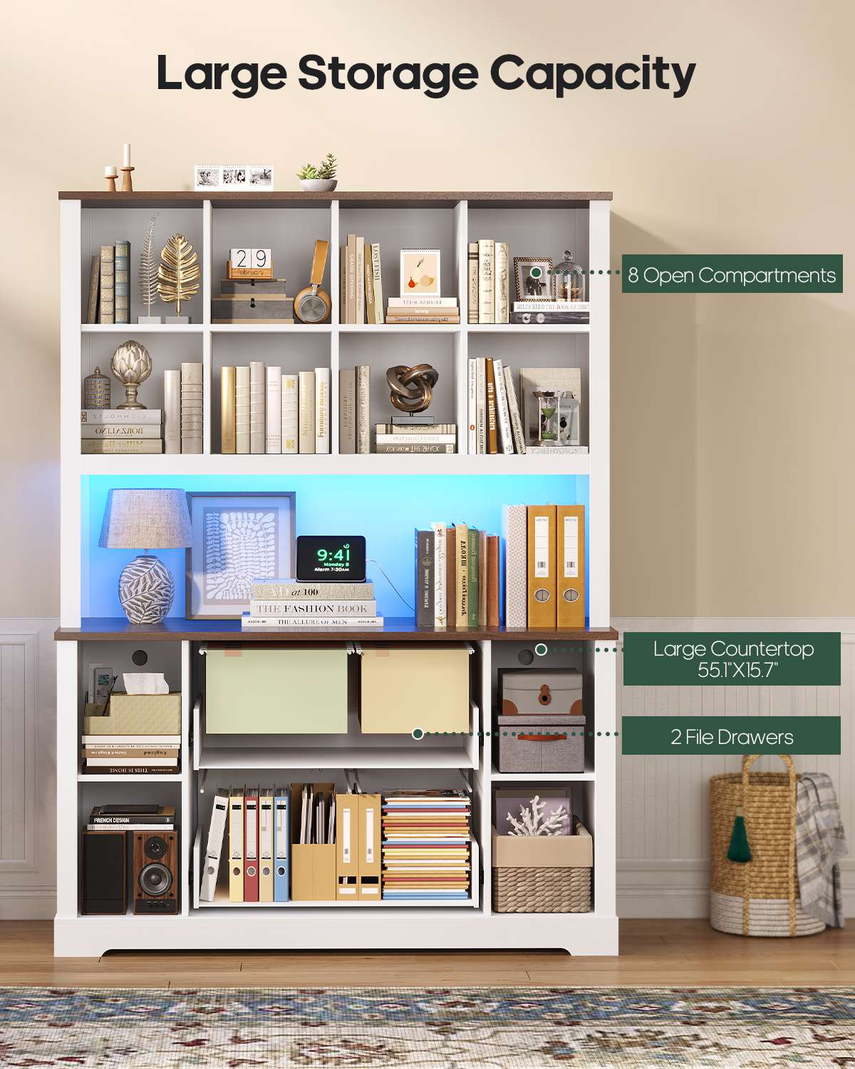 HAUOMS 73 inch Tall Bookshelf with LED Light and Power Outlet Farmhouse Bookcase with Filing Drawers and Open Storage Shelf Display Cabinet for Home Office Living Room