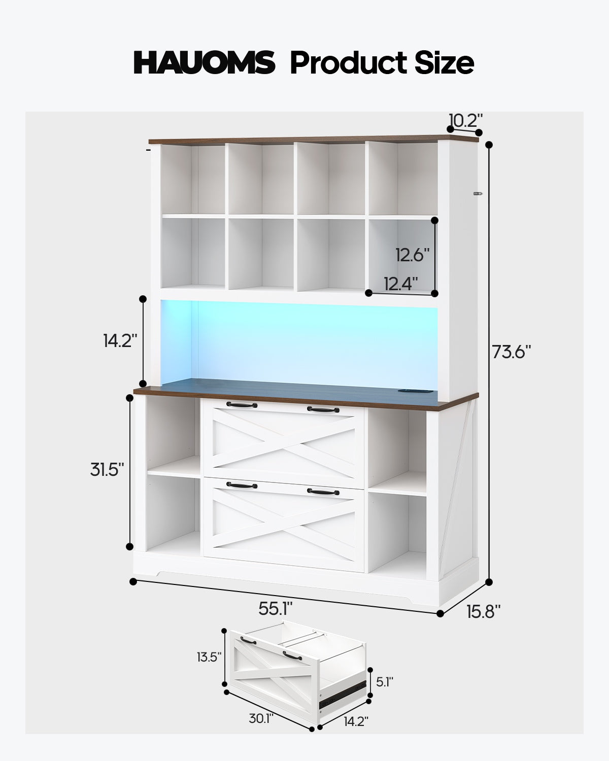 HAUOMS 73 inch Tall Bookshelf with LED Light and Power Outlet Farmhouse Bookcase with Filing Drawers and Open Storage Shelf Display Cabinet for Home Office Living Room