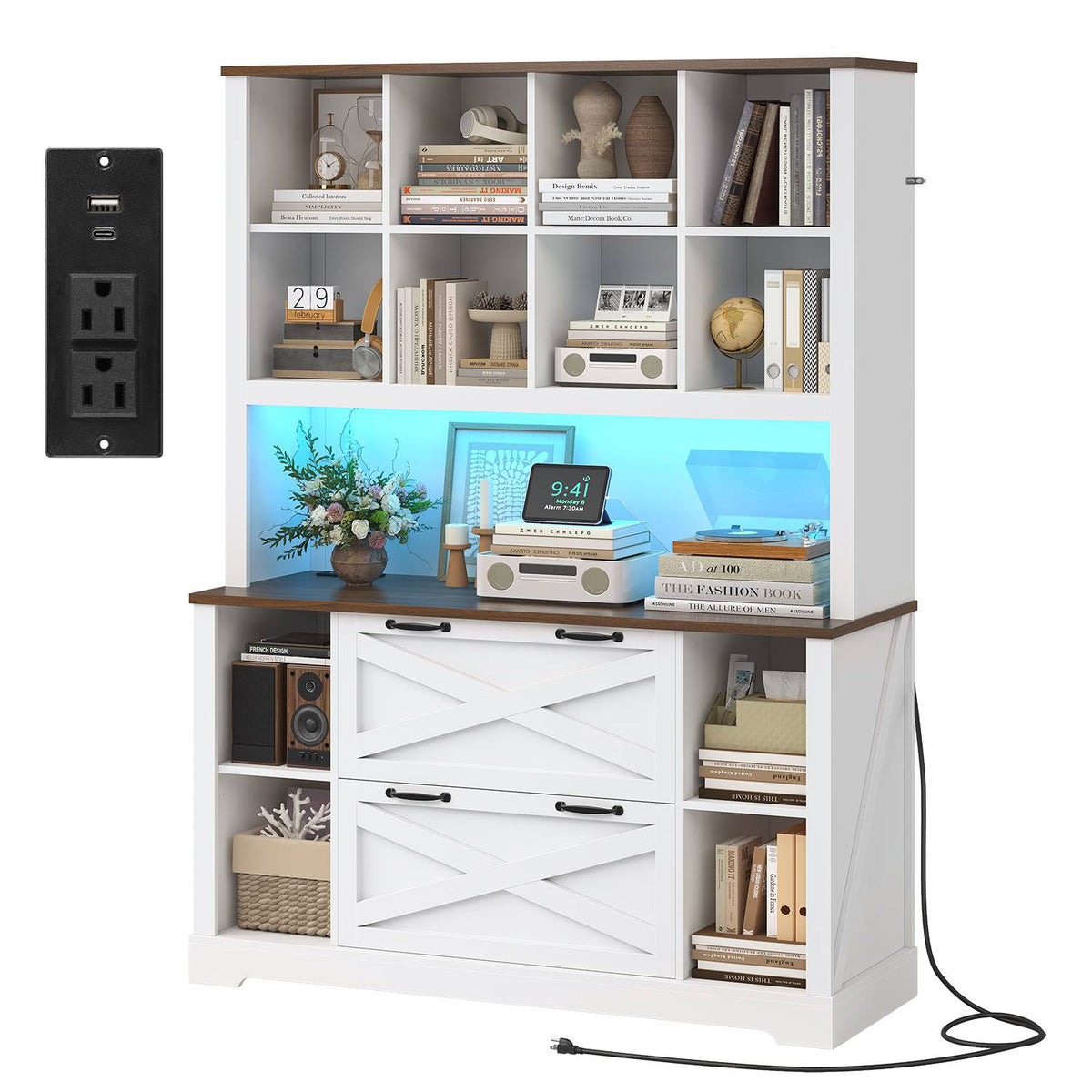 HAUOMS 73 inch Tall Bookshelf with LED Light and Power Outlet Farmhouse Bookcase with Filing Drawers and Open Storage Shelf Display Cabinet for Home Office Living Room