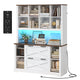 HAUOMS 73 inch Tall Bookshelf with LED Light and Power Outlet Farmhouse Bookcase with Filing Drawers and Open Storage Shelf Display Cabinet for Home Office Living Room