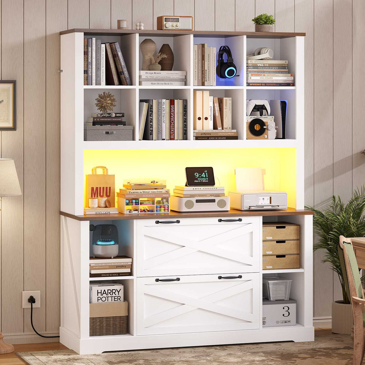 HAUOMS 73 inch Tall Bookshelf with LED Light and Power Outlet Farmhouse Bookcase with Filing Drawers and Open Storage Shelf Display Cabinet for Home Office Living Room