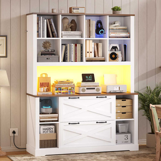 HAUOMS 73 inch Tall Bookshelf with LED Light and Power Outlet Farmhouse Bookcase with Filing Drawers and Open Storage Shelf Display Cabinet for Home Office Living Room