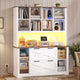 HAUOMS 73 inch Tall Bookshelf with LED Light and Power Outlet Farmhouse Bookcase with Filing Drawers and Open Storage Shelf Display Cabinet for Home Office Living Room