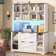 HAUOMS 73 inch Tall Bookshelf with LED Light and Power Outlet Farmhouse Bookcase with Filing Drawers and Open Storage Shelf Display Cabinet for Home Office Living Room