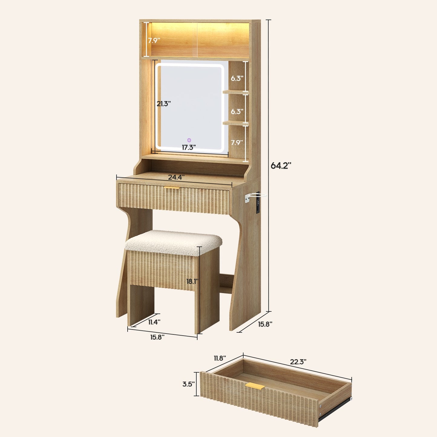 HAUOMS Small Vanity Desk with Mirror Sound Sync LED Lights and Teddy Chair Fluted Wood Compact Makeup Vanity Table Set Storage Drawer