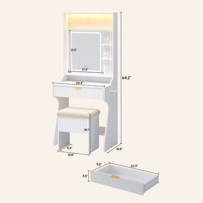 HAUOMS Small Vanity Desk with Mirror Sound Sync LED Lights and Teddy Chair Fluted Wood Compact Makeup Vanity Table Set Storage Drawer
