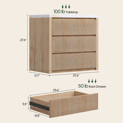 HAUOMS 27.6 Inch Tall Nightstand Extra Large Fluted Wood Bedside Table with 3 Drawers for Bedroom Living Room