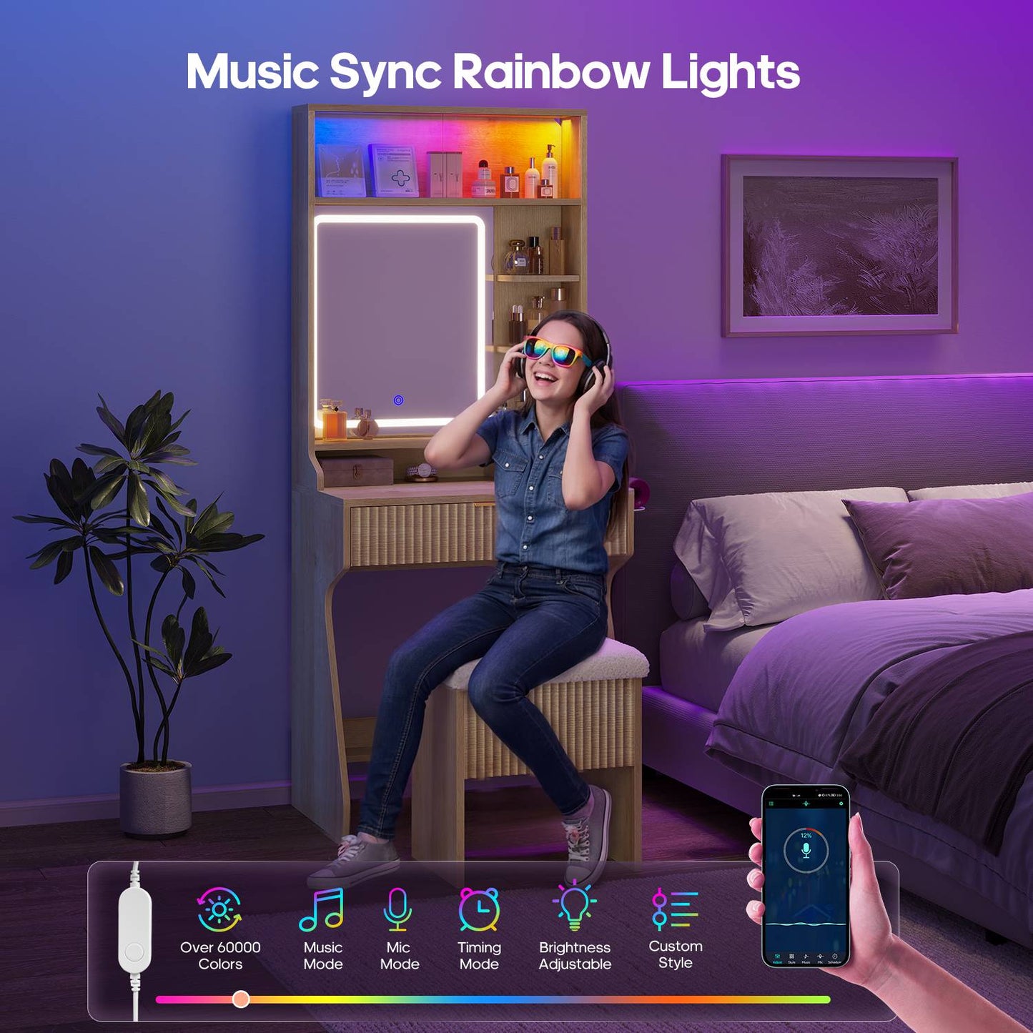 HAUOMS Small Vanity Desk with Mirror Sound Sync LED Lights and Teddy Chair Fluted Wood Compact Makeup Vanity Table Set Storage Drawer