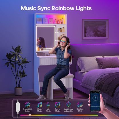 HAUOMS Small Vanity Desk with Mirror Sound Sync LED Lights and Teddy Chair Fluted Wood Compact Makeup Vanity Table Set Storage Drawer