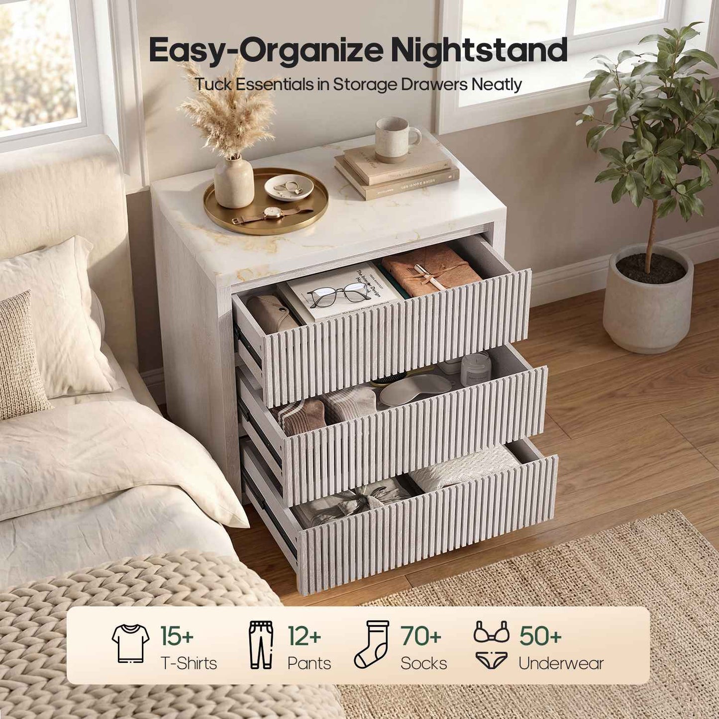 HAUOMS 27.6 Inch Tall Nightstand Extra Large Fluted Wood Bedside Table with 3 Drawers for Bedroom Living Room