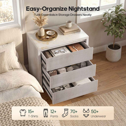 HAUOMS 27.6 Inch Tall Nightstand Extra Large Fluted Wood Bedside Table with 3 Drawers for Bedroom Living Room