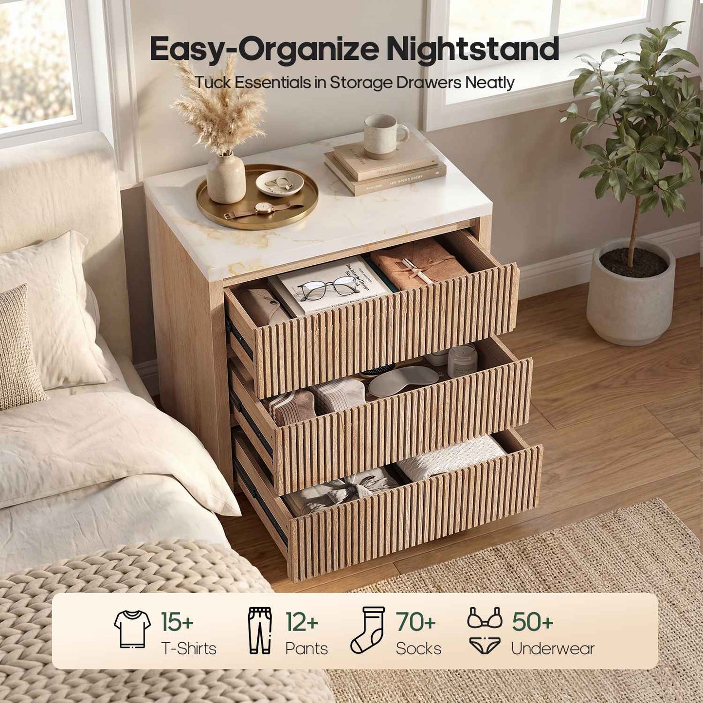 HAUOMS 27.6 Inch Tall Nightstand Extra Large Fluted Wood Bedside Table with 3 Drawers for Bedroom Living Room