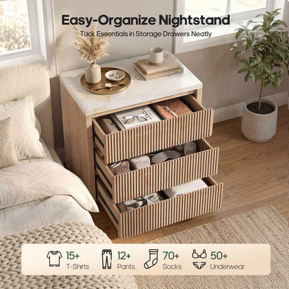 HAUOMS 27.6 Inch Tall Nightstand Extra Large Fluted Wood Bedside Table with 3 Drawers for Bedroom Living Room