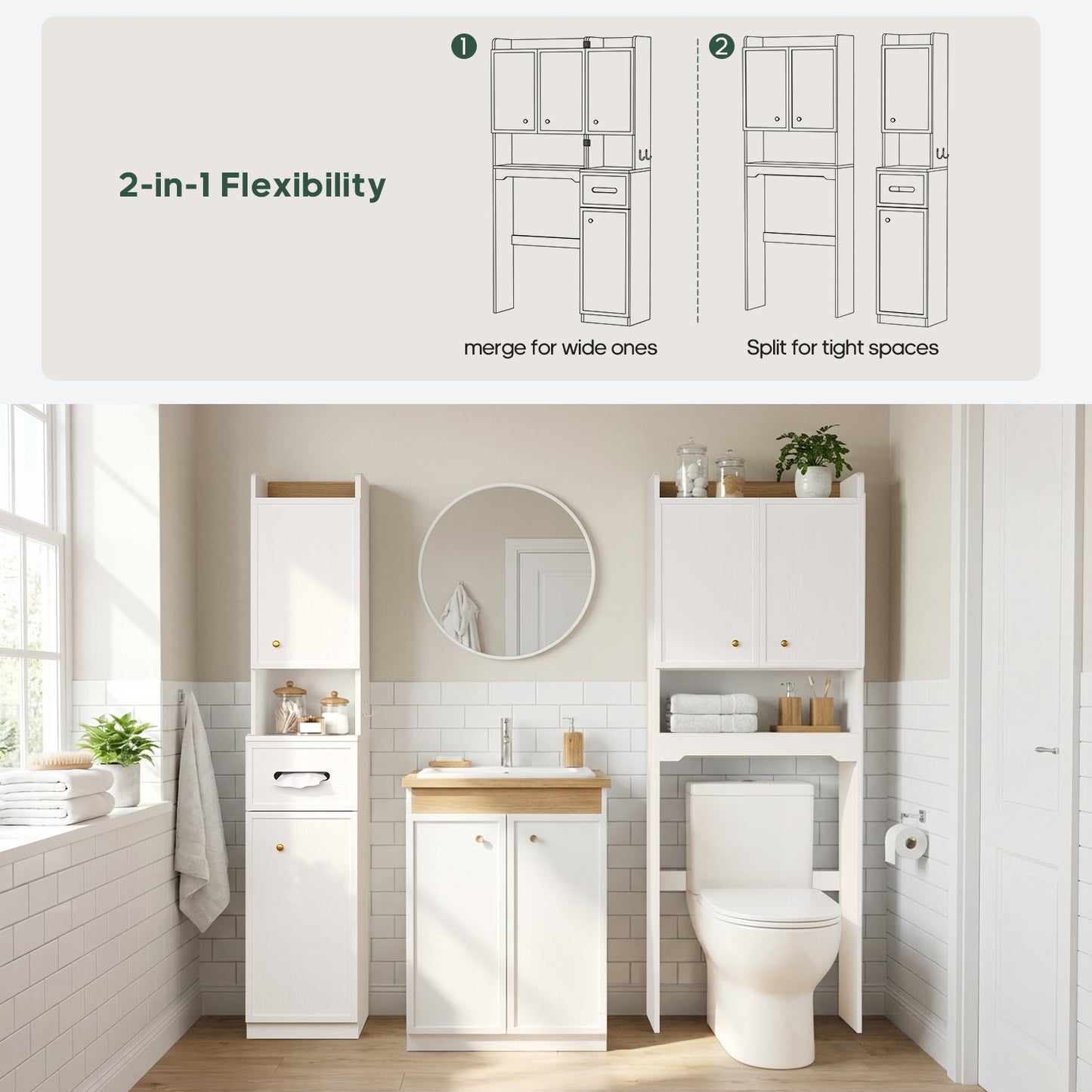 HAUOMS Over Toilet Storage Cabinet with Doors 2-in-1 Separatable Tall Narrow Cabinet 7-Tier Bathroom Storage Cabinet with Adjustable Shelf