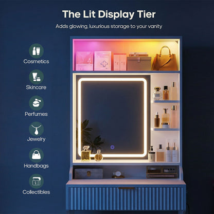 HAUOMS Small Vanity Desk with Mirror Sound Sync LED Lights and Teddy Chair Fluted Wood Compact Makeup Vanity Table Set Storage Drawer