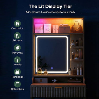 HAUOMS Small Vanity Desk with Mirror Sound Sync LED Lights and Teddy Chair Fluted Wood Compact Makeup Vanity Table Set Storage Drawer