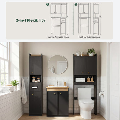 HAUOMS Over Toilet Storage Cabinet with Doors 2-in-1 Separatable Tall Narrow Cabinet 7-Tier Bathroom Storage Cabinet with Adjustable Shelf